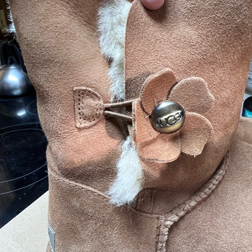 UGG Tan Suede Boots with Flower Detail